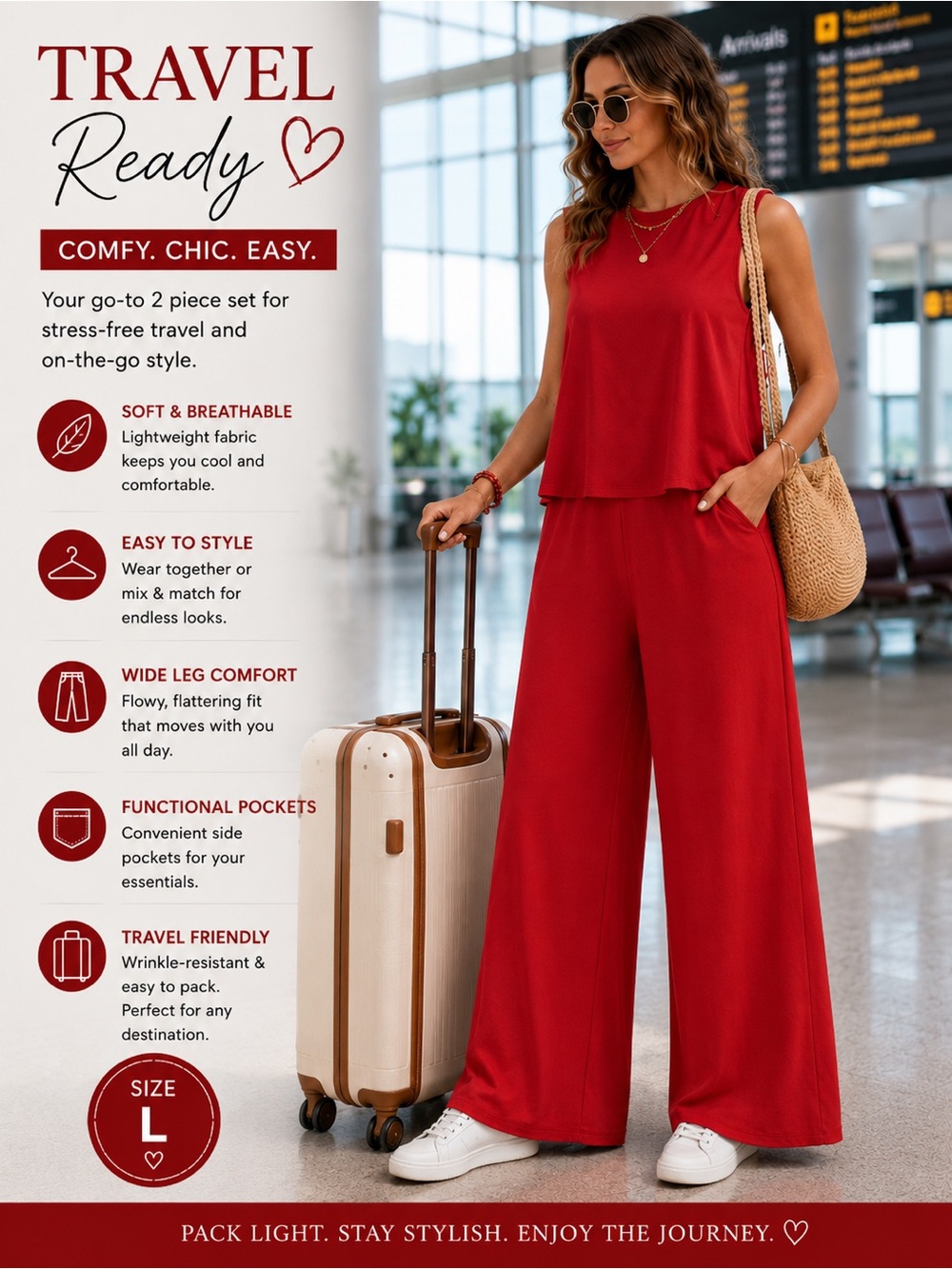 Red Sleeveless Wide Leg Pants 2 Piece Matching Set L - Picture 5 of 5